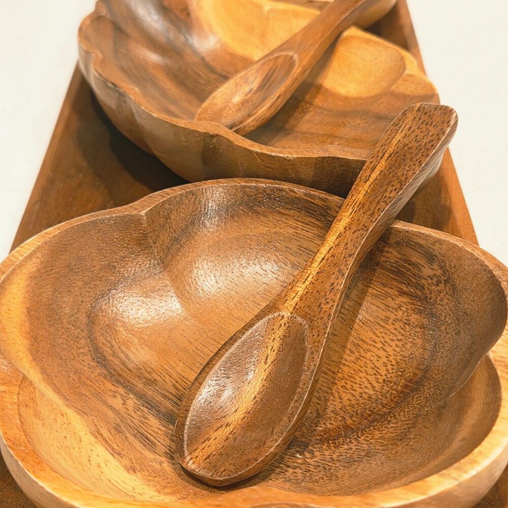 Carved Wood 3-Bowl Condiment Server Set w/ Tray & Spoons – Boho / Organic Modern